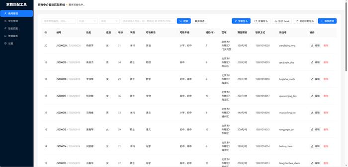 教师管理界面：教师档案含学历、可教科目、可教年级、经验、区域、期望薪资等字段